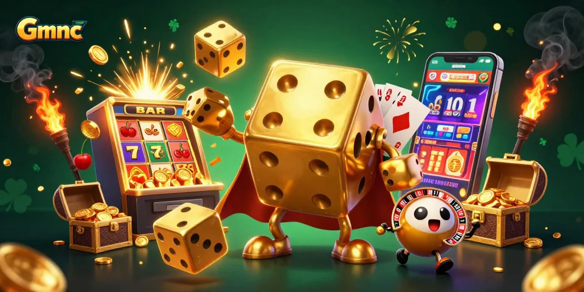 Engage with Gmnc gaming excitement, featuring dynamic golden dice and slot machine action.