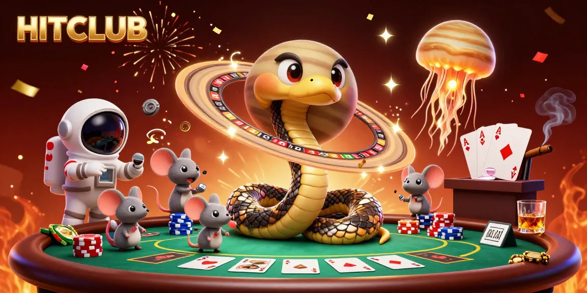 Join the thrilling HITCLUB gambling adventure with cartoon characters and vivid casino elements.