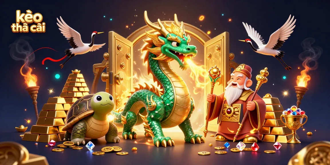 Engage in kèo nhà cái with a dynamic scene featuring a jade dragon, turtle sage, and lucky cranes amid bursts of golden treasures.