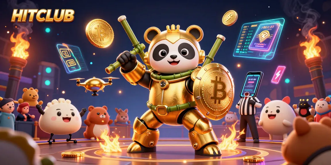 Experience HITCLUB's vibrant gaming arena where a golden panda battles with crypto coins and dynamic game elements.