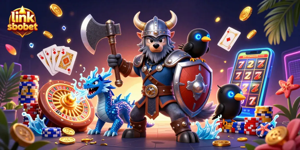 Win exciting bets with link sbobet as a Viking wolf warrior battles dragons amidst dazzling casino games!