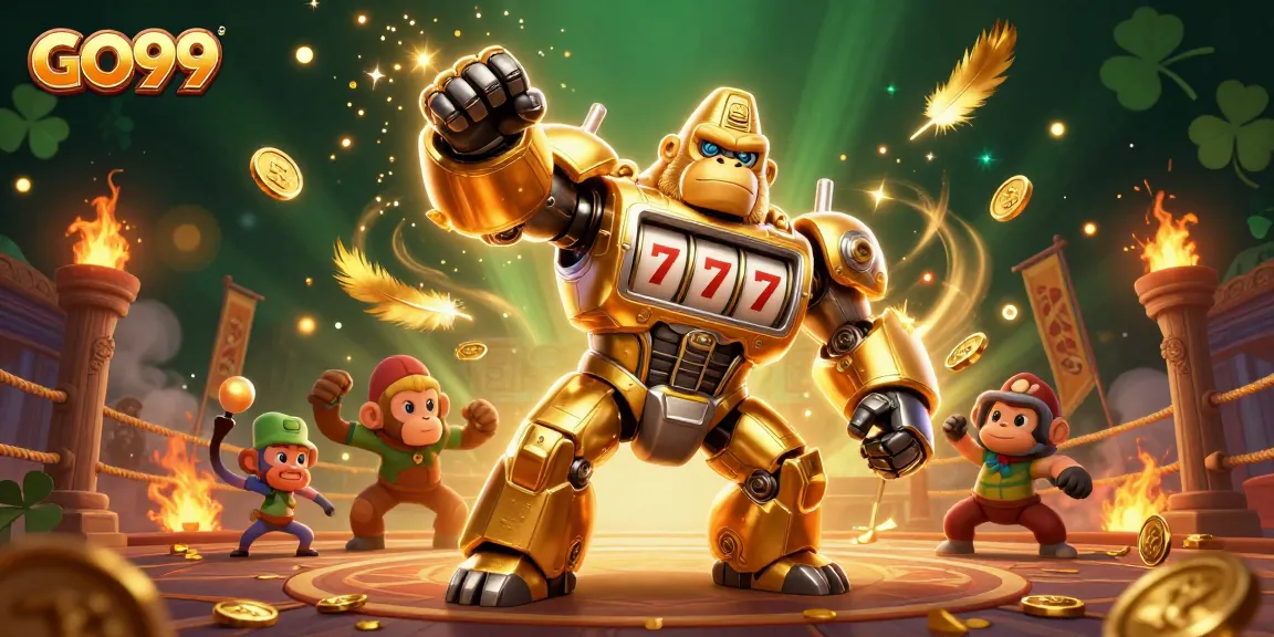 Experience exciting gaming at GO99 with an action-packed scene featuring a dynamic golden gorilla mech.