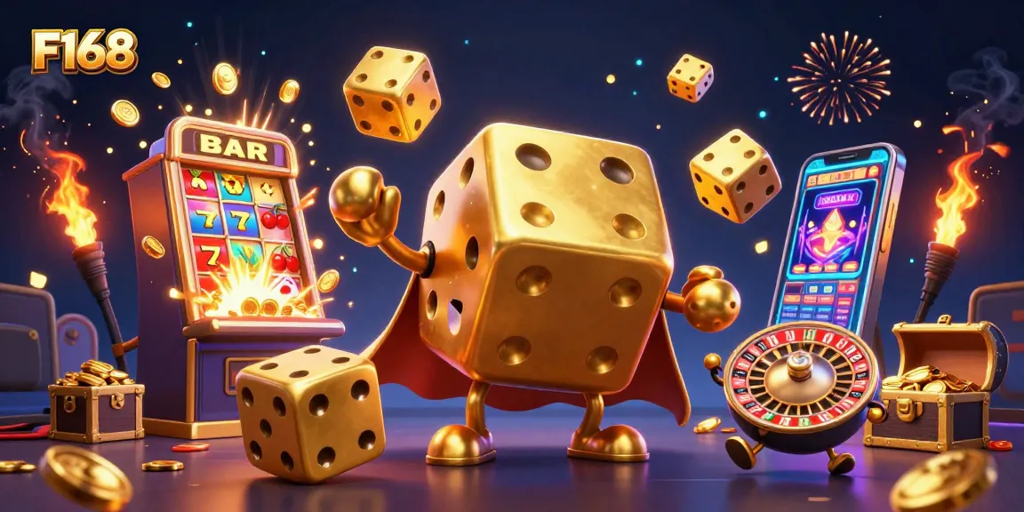 Experience thrilling wins at F168 with a dynamic casino scene featuring golden dice, slot machines, and vibrant game elements.